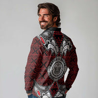 Red Aotearoa Tanilo Motif Long Sleeve Polo Shirt Vintage Maori New Zealand Tribal Art Pattern