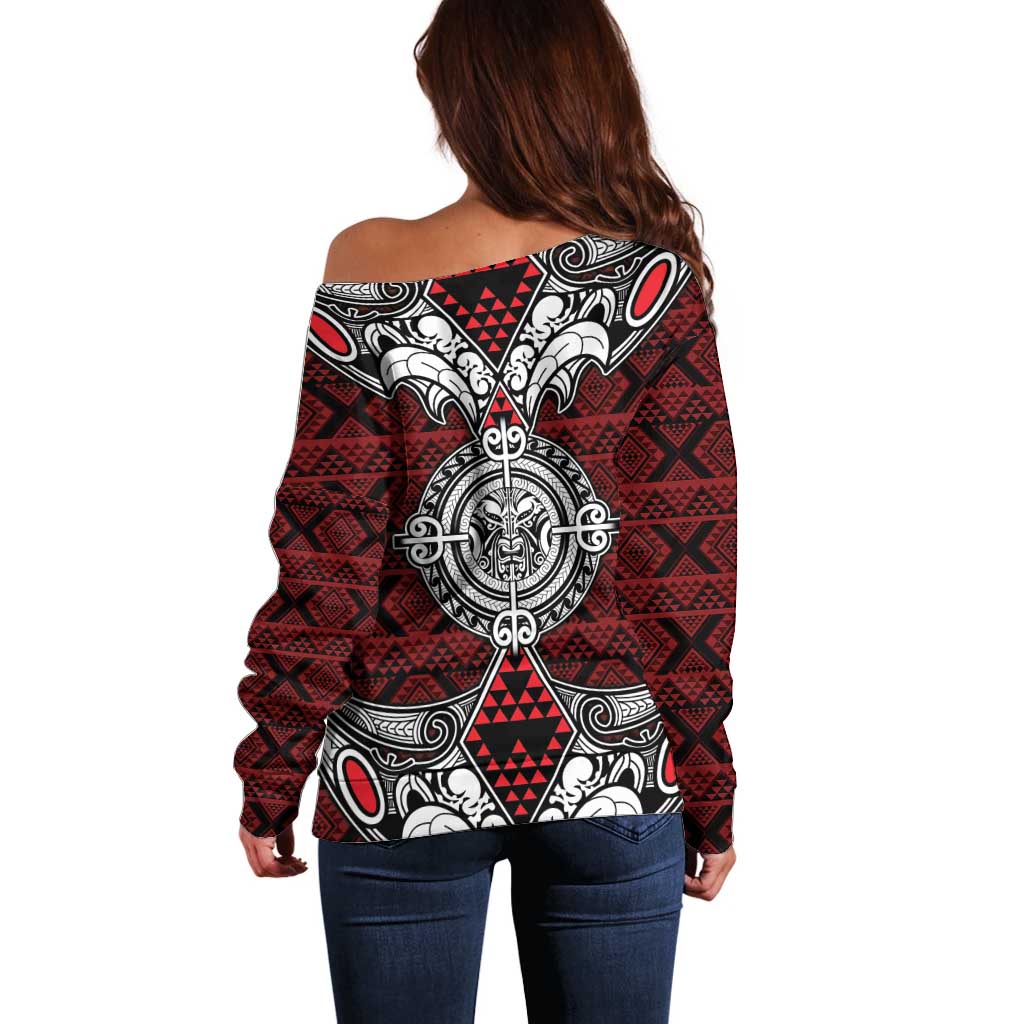 Red Aotearoa Tanilo Motif Off Shoulder Sweater Vintage Maori New Zealand Tribal Art Pattern