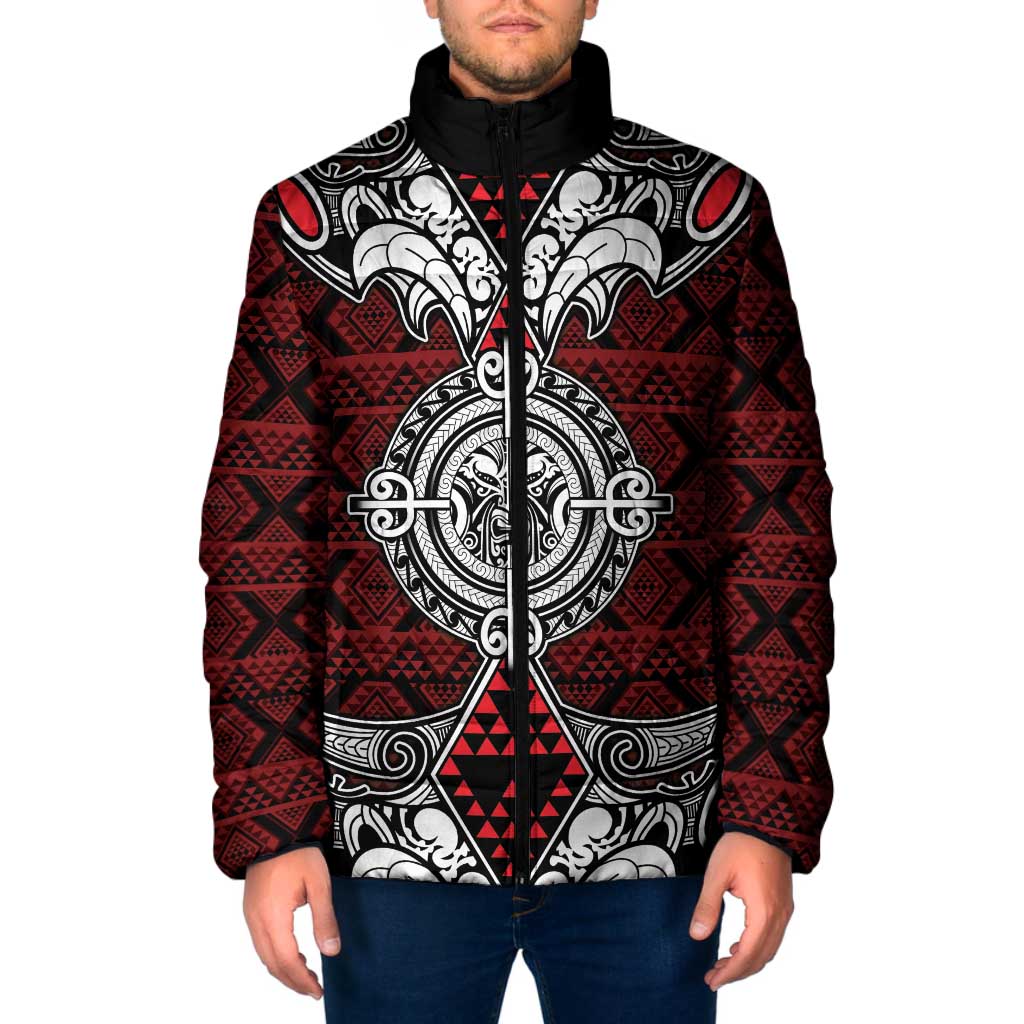 Red Aotearoa Taniko Motif Padded Jacket Vintage Maori New Zealand Tribal Art Pattern - Polynesian Pride