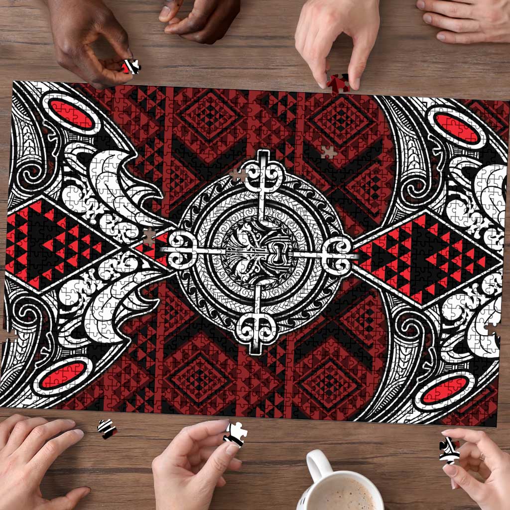 Red Aotearoa Taniko Motif Puzzle Vintage Maori New Zealand Tribal Art Pattern - Polynesian Pride