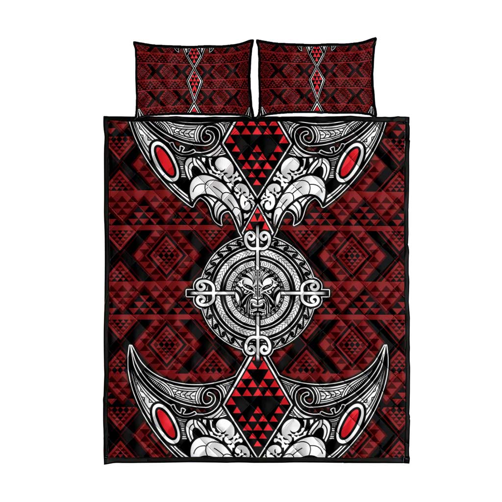 Red Aotearoa Taniko Motif Quilt Bed Set Vintage Maori New Zealand Tribal Art Pattern