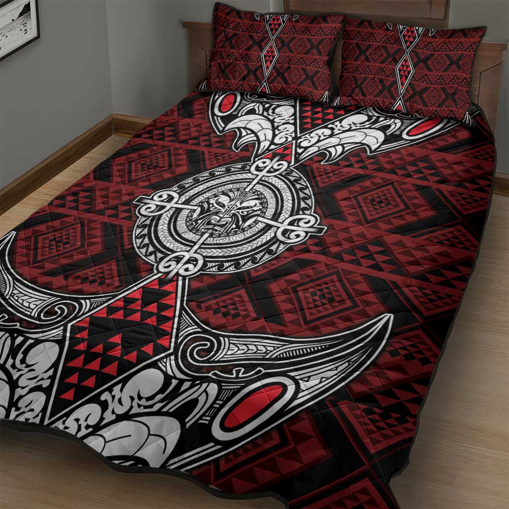 Red Aotearoa Taniko Motif Quilt Bed Set Vintage Maori New Zealand Tribal Art Pattern