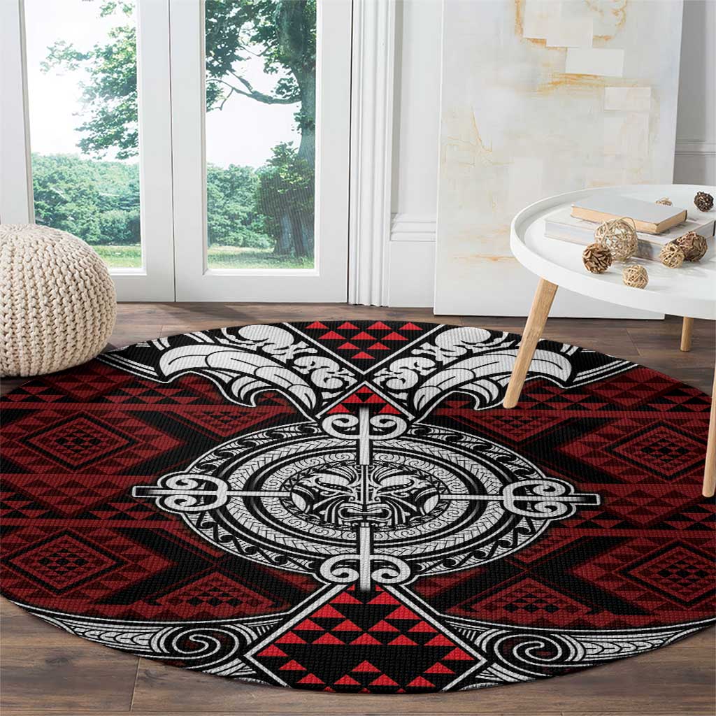 Red Aotearoa Taniko Motif Round Carpet Vintage Maori New Zealand Tribal Art Pattern