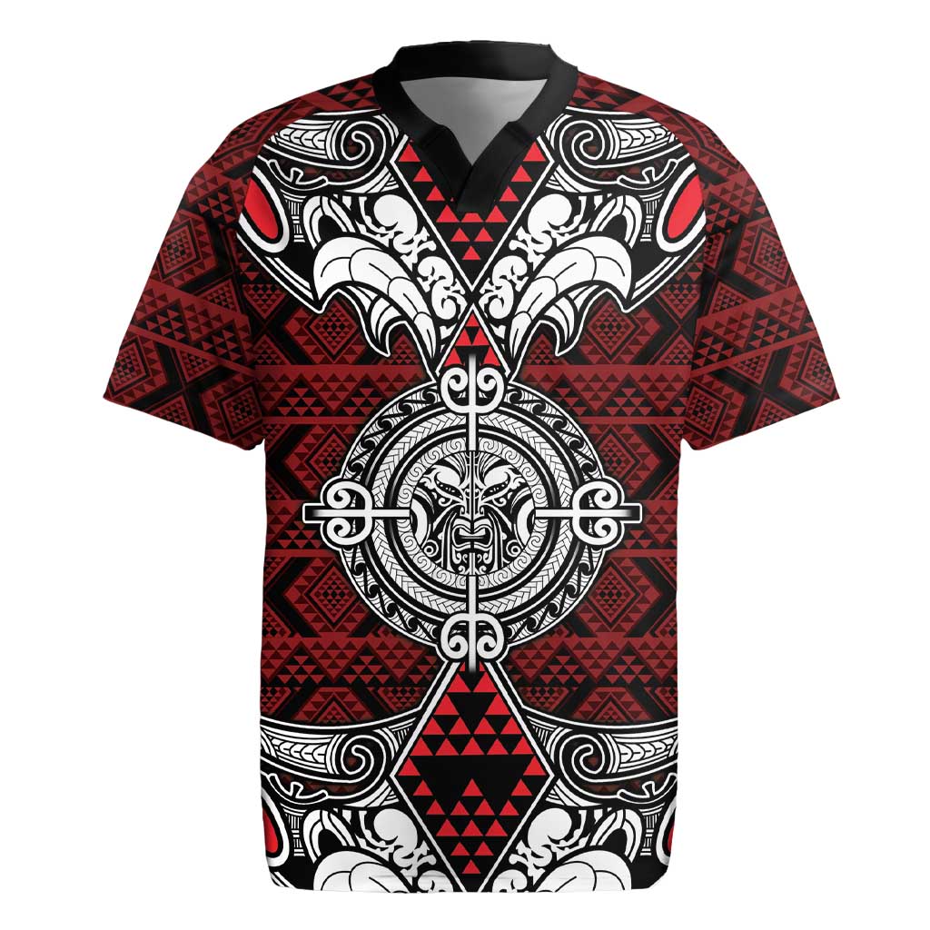 Red Aotearoa Tanilo Motif Rugby Jersey Vintage Maori New Zealand Tribal Art Pattern