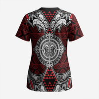 Red Aotearoa Taniko Motif Scrub Top Vintage Maori New Zealand Tribal Art Pattern - Polynesian Pride