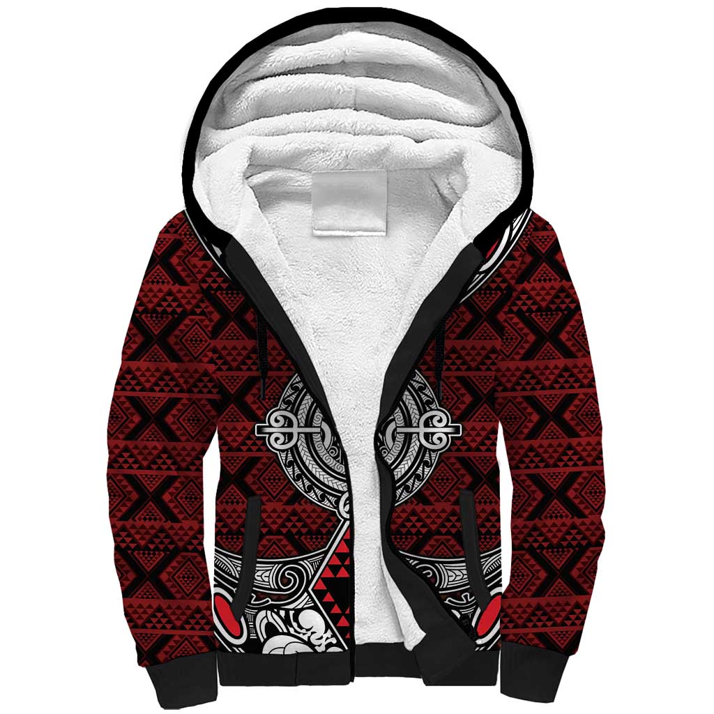 Red Aotearoa Tanilo Motif Sherpa Hoodie Vintage Maori New Zealand Tribal Art Pattern