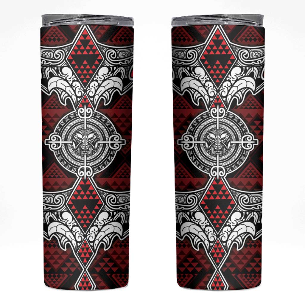 Red Aotearoa Taniko Motif Skinny Tumbler Vintage Maori New Zealand Tribal Art Pattern