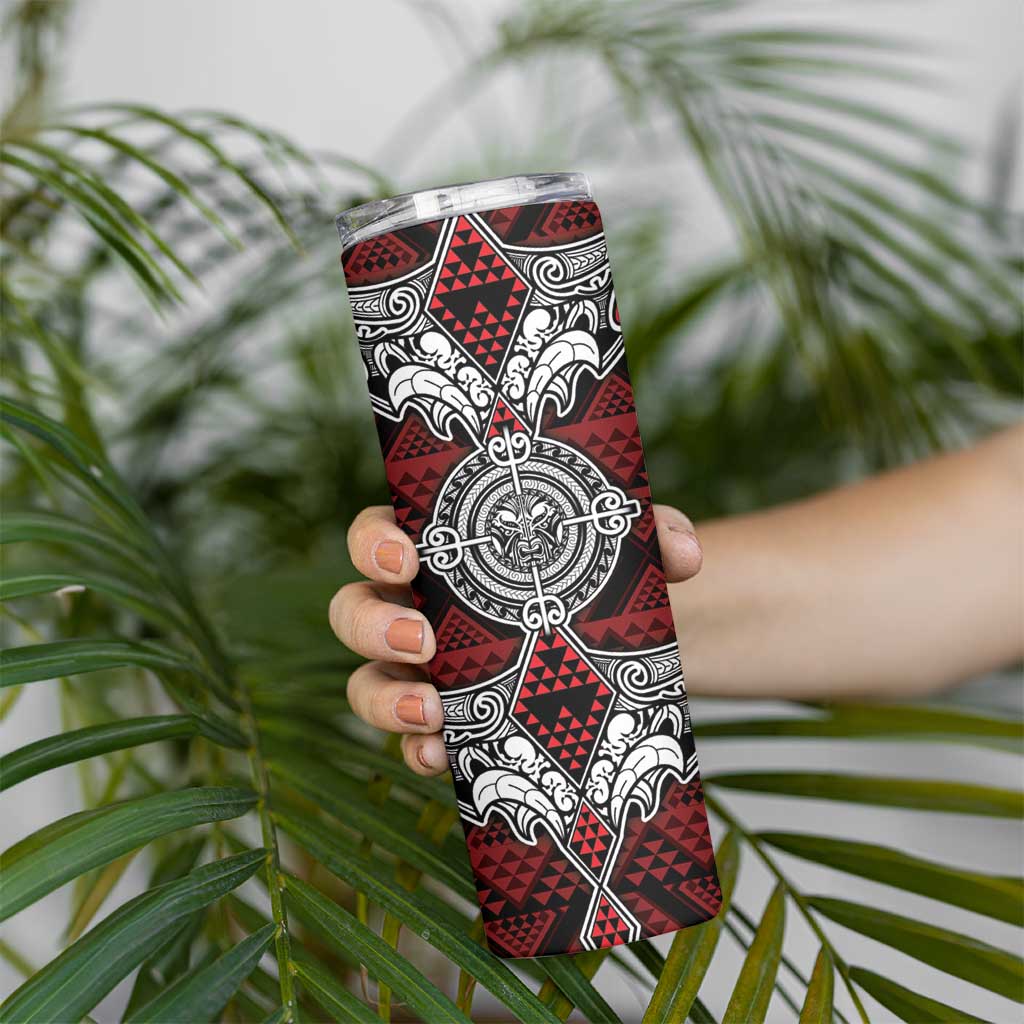 Red Aotearoa Taniko Motif Skinny Tumbler Vintage Maori New Zealand Tribal Art Pattern