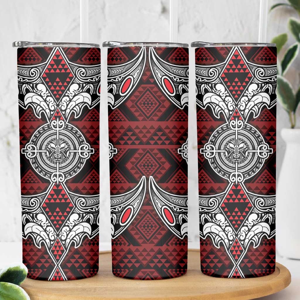 Red Aotearoa Taniko Motif Skinny Tumbler Vintage Maori New Zealand Tribal Art Pattern