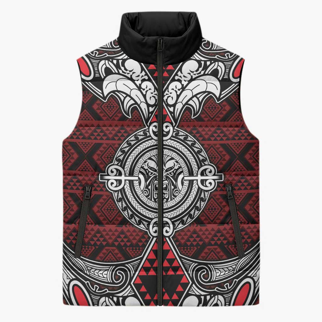 Red Aotearoa Taniko Motif Sleeveless Puffer Jacket Vintage Maori New Zealand Tribal Art Pattern - Polynesian Pride