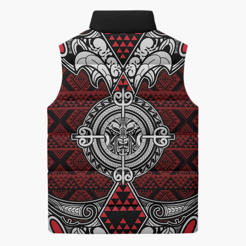 Red Aotearoa Taniko Motif Sleeveless Puffer Jacket Vintage Maori New Zealand Tribal Art Pattern - Polynesian Pride