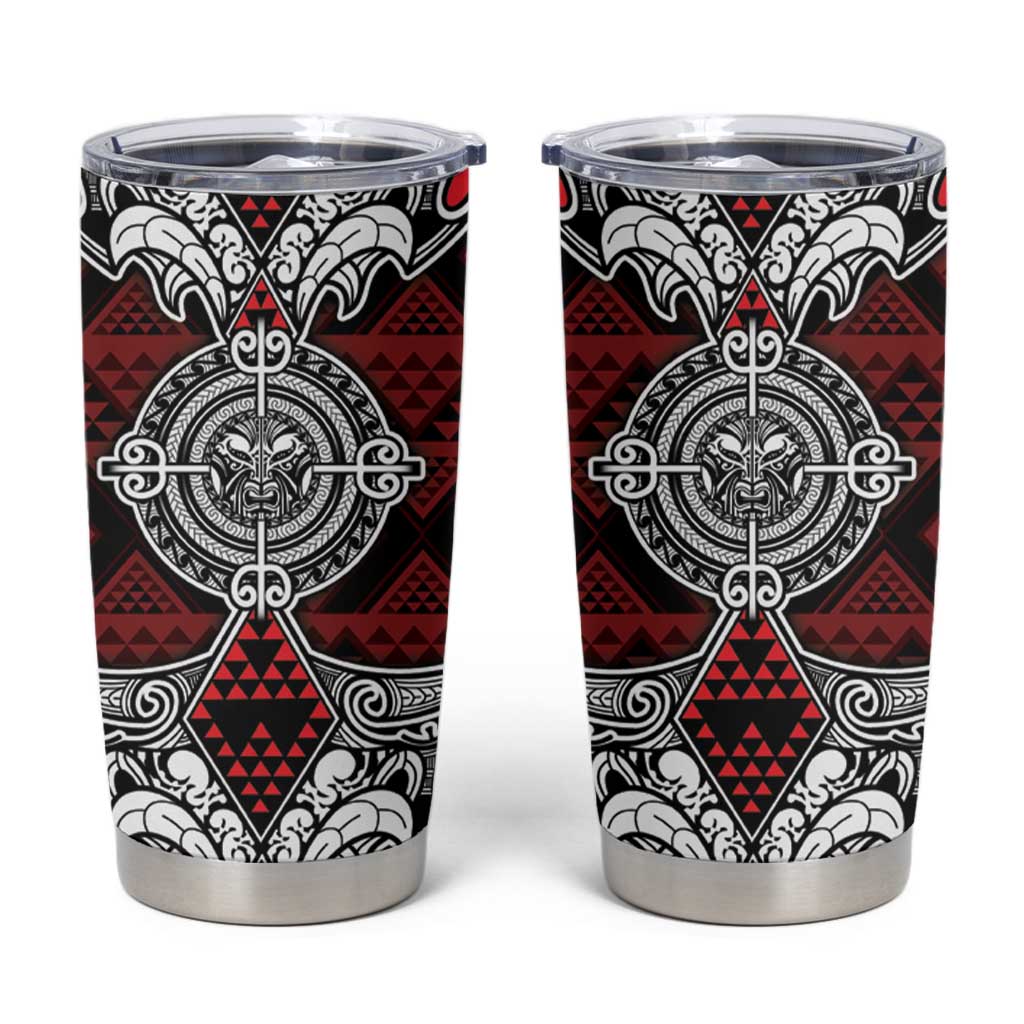 Red Aotearoa Taniko Motif Tumbler Cup Vintage Maori New Zealand Tribal Art Pattern