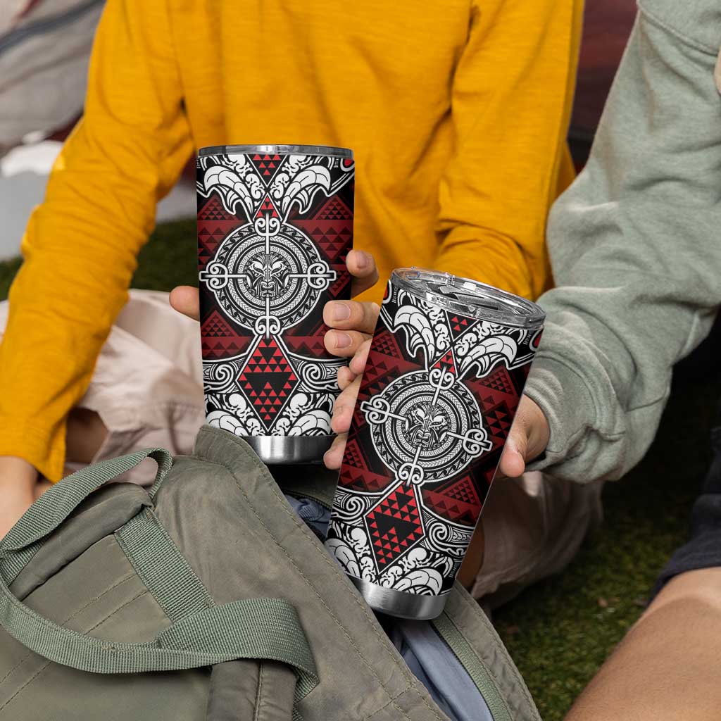 Red Aotearoa Taniko Motif Tumbler Cup Vintage Maori New Zealand Tribal Art Pattern