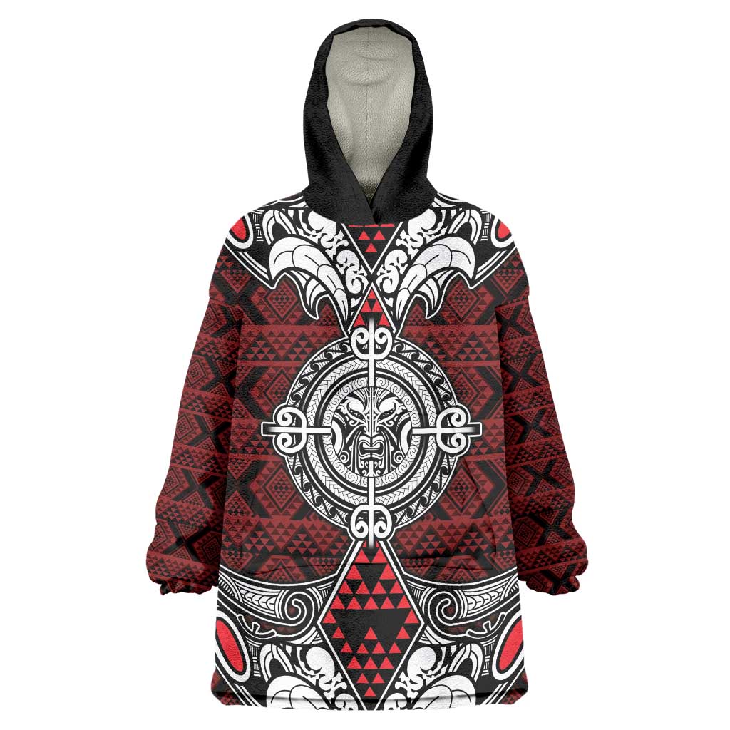 Red Aotearoa Tanilo Motif Wearable Blanket Hoodie Vintage Maori New Zealand Tribal Art Pattern