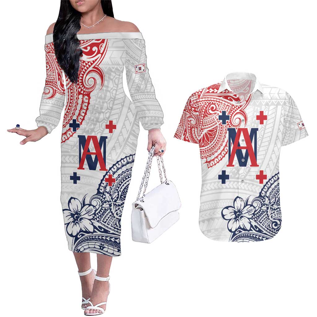 Kingdom of Uvea 1842-1860 Personalized Couples Matching Off The Shoulder Long Sleeve Dress and Hawaiian Shirt Wallis and Futuna Polynesian Tribal Pattern