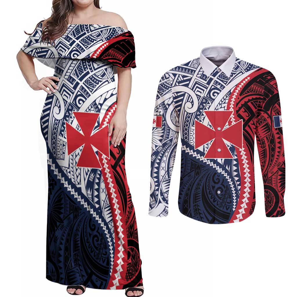 Kingdom of Uvea 1860-1886 Personalized Couples Matching Off Shoulder Maxi Dress and Long Sleeve Button Shirt Wallis and Futuna Polynesian Tribal Pattern LT9 Red - Polynesian Pride