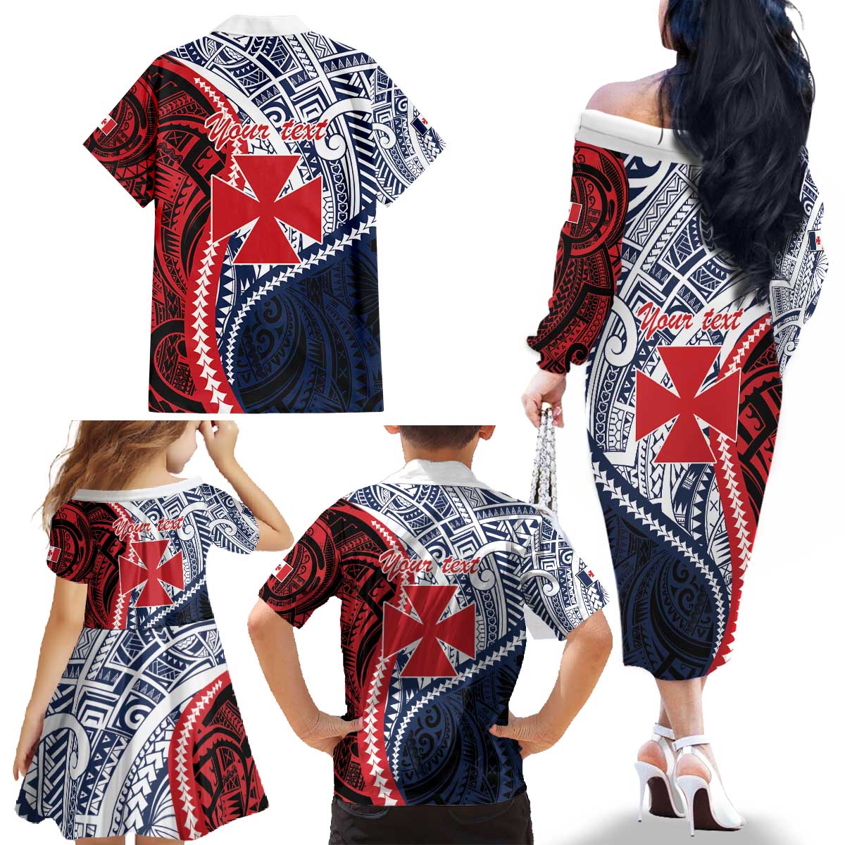 Kingdom of Uvea 1860-1886 Personalized Family Matching Off The Shoulder Long Sleeve Dress and Hawaiian Shirt Wallis and Futuna Polynesian Tribal Pattern