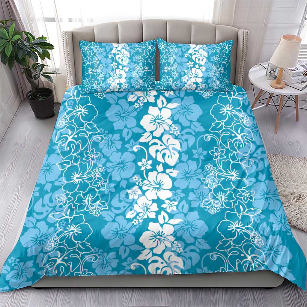 Hawaiian Lei Day Bedding Set Blue Hibiscus Flowers Lei Art