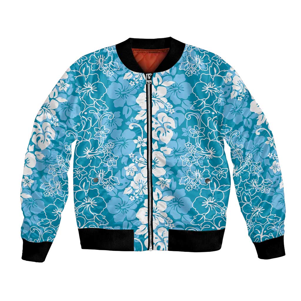 Hawaiian Lei Day Bomber Jacket Blue Hibiscus Flowers Lei Art
