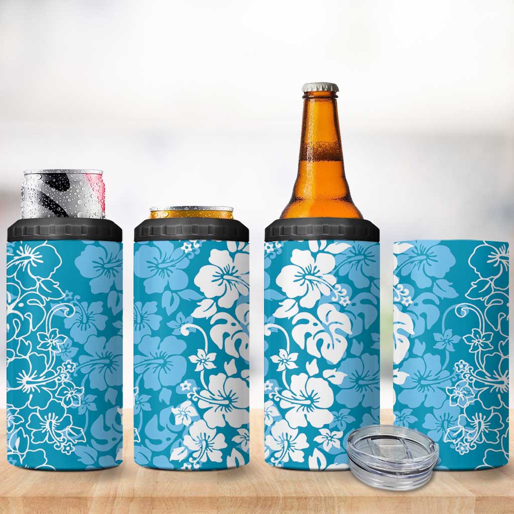 Hawaiian Lei Day 4 in 1 Can Cooler Tumbler Blue Hibiscus Flowers Lei Art