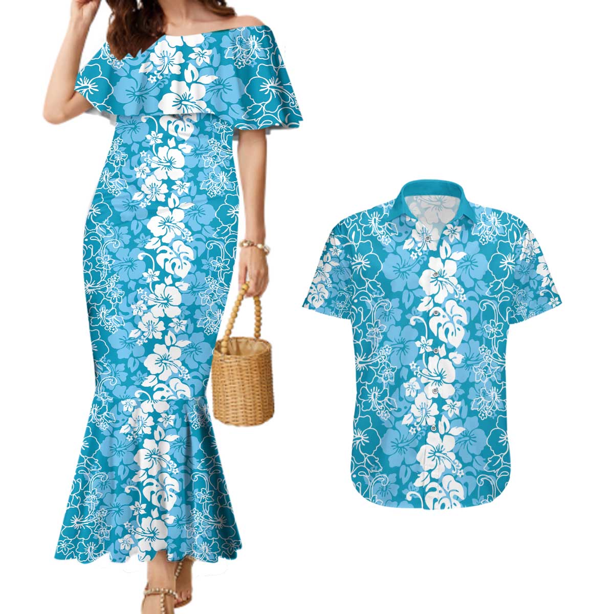 Hawaiian Lei Day Couples Matching Mermaid Dress and Hawaiian Shirt Blue Hibiscus Flowers Lei Art