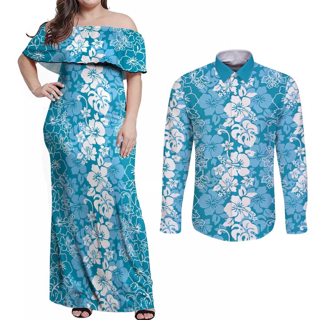 Hawaiian Lei Day Couples Matching Off Shoulder Maxi Dress and Long Sleeve Button Shirt Blue Hibiscus Flowers Lei Art