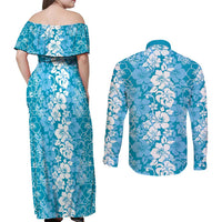 Hawaiian Lei Day Couples Matching Off Shoulder Maxi Dress and Long Sleeve Button Shirt Blue Hibiscus Flowers Lei Art