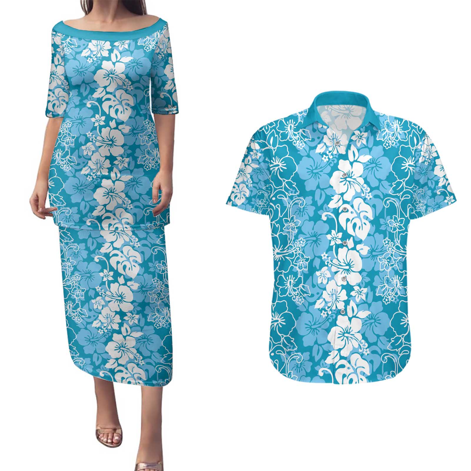 Hawaiian Lei Day Couples Matching Puletasi and Hawaiian Shirt Blue Hibiscus Flowers Lei Art