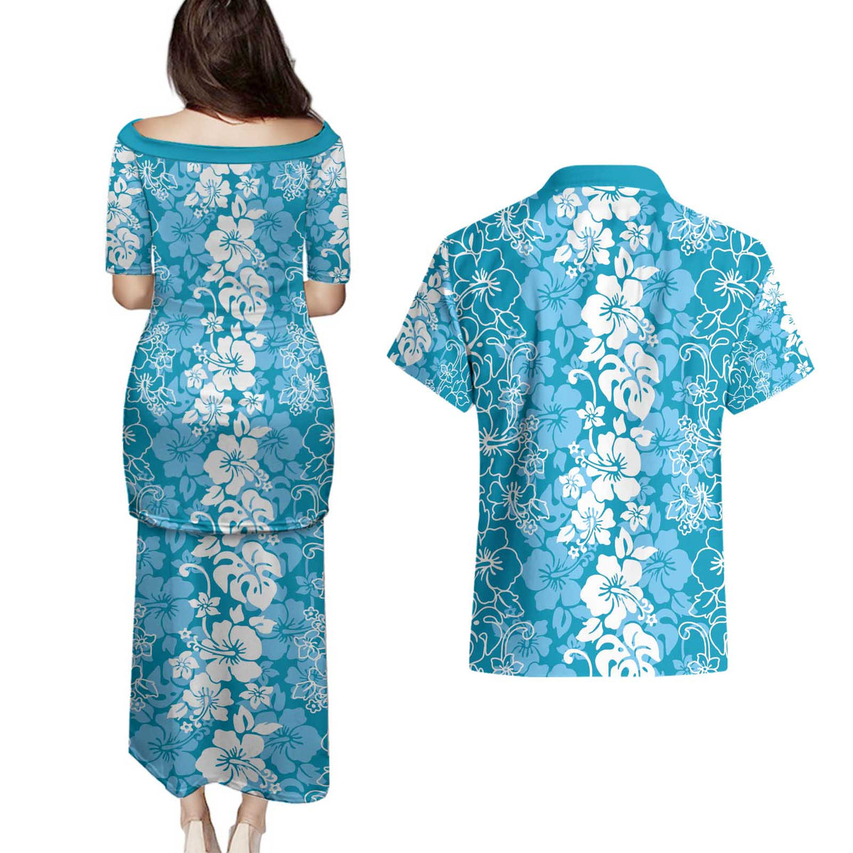 Hawaiian Lei Day Couples Matching Puletasi and Hawaiian Shirt Blue Hibiscus Flowers Lei Art