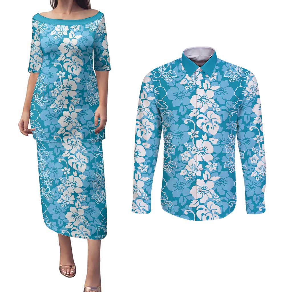 Hawaiian Lei Day Couples Matching Puletasi and Long Sleeve Button Shirt Blue Hibiscus Flowers Lei Art