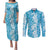 Hawaiian Lei Day Couples Matching Puletasi and Long Sleeve Button Shirt Blue Hibiscus Flowers Lei Art