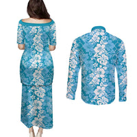 Hawaiian Lei Day Couples Matching Puletasi and Long Sleeve Button Shirt Blue Hibiscus Flowers Lei Art LT9 - Polynesian Pride