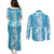 Hawaiian Lei Day Couples Matching Puletasi and Long Sleeve Button Shirt Blue Hibiscus Flowers Lei Art