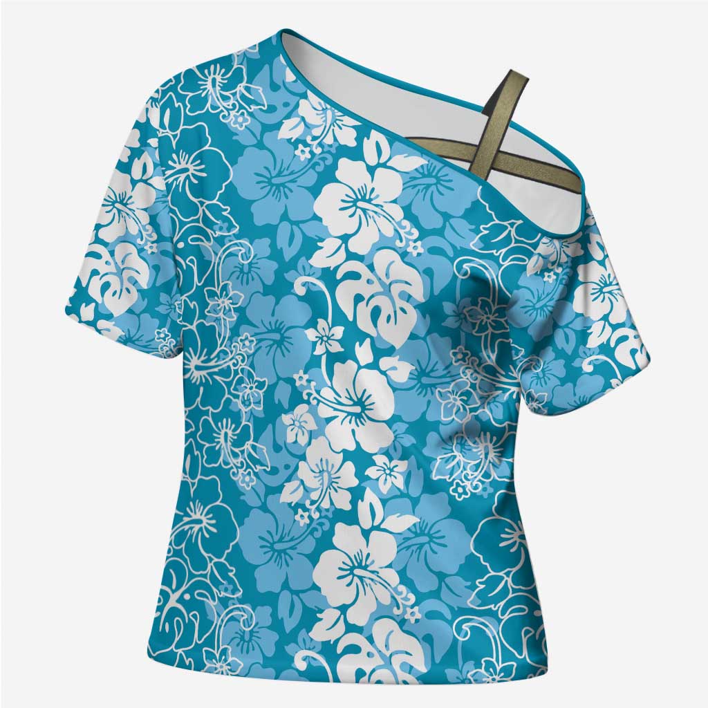 Hawaiian Lei Day Cross Shoulder Shirt Blue Hibiscus Flowers Lei Art LT9 Female Blue - Polynesian Pride