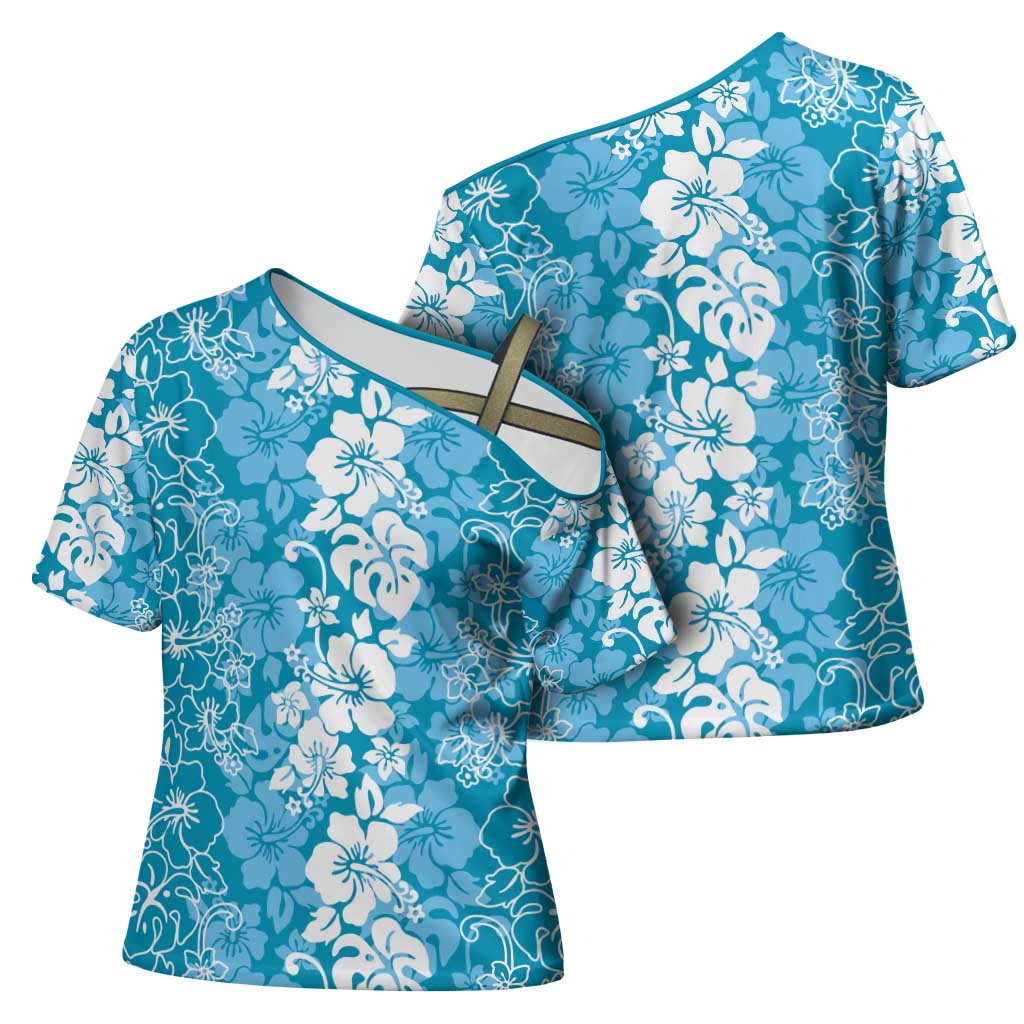 Hawaiian Lei Day Cross Shoulder Shirt Blue Hibiscus Flowers Lei Art LT9 - Polynesian Pride