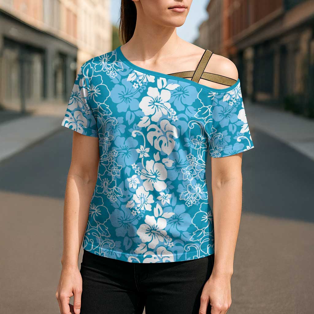 Hawaiian Lei Day Cross Shoulder Shirt Blue Hibiscus Flowers Lei Art LT9 - Polynesian Pride