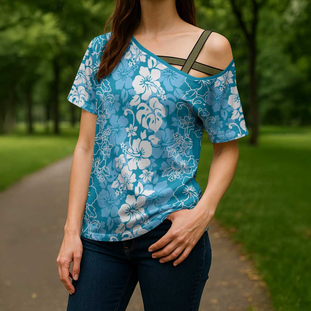 Hawaiian Lei Day Cross Shoulder Shirt Blue Hibiscus Flowers Lei Art LT9 - Polynesian Pride