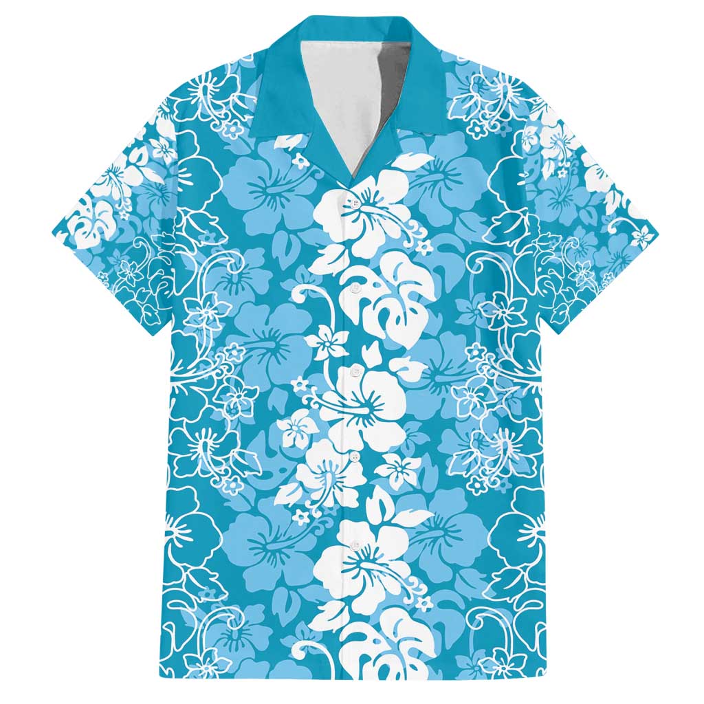 Hawaiian Lei Day Family Matching Long Sleeve Bodycon Dress and Hawaiian Shirt Blue Hibiscus Flowers Lei Art