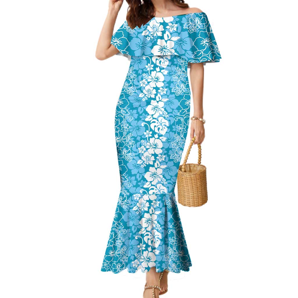 Hawaiian Lei Day Family Matching Mermaid Dress and Hawaiian Shirt Blue Hibiscus Flowers Lei Art