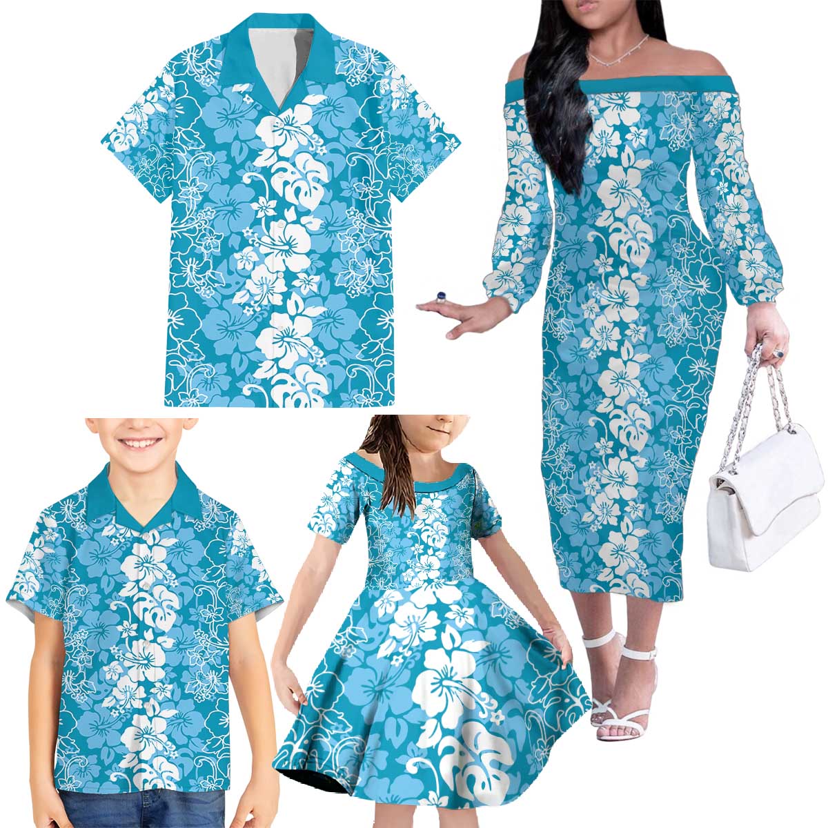 Hawaiian Lei Day Family Matching Off The Shoulder Long Sleeve Dress and Hawaiian Shirt Blue Hibiscus Flowers Lei Art