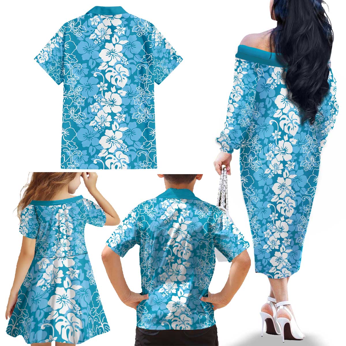 Hawaiian Lei Day Family Matching Off The Shoulder Long Sleeve Dress and Hawaiian Shirt Blue Hibiscus Flowers Lei Art
