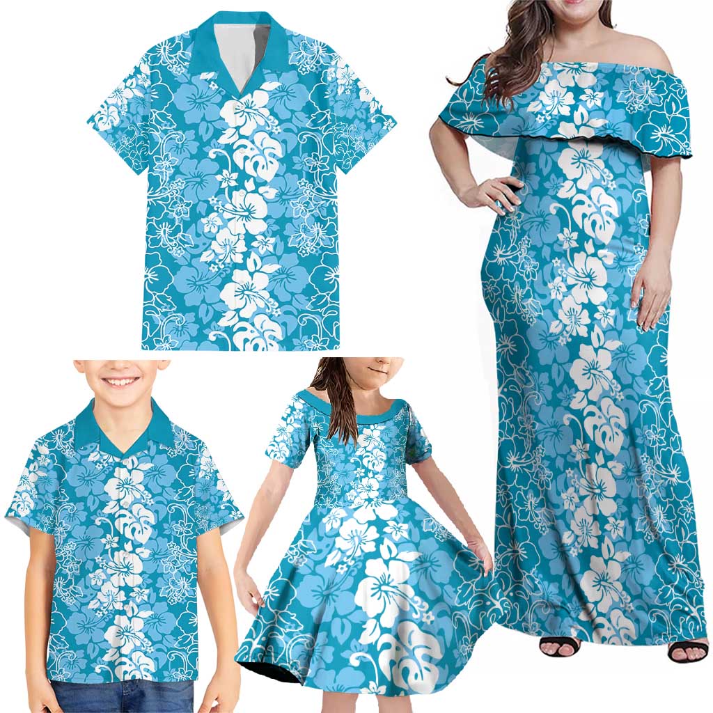 Hawaiian Lei Day Family Matching Off Shoulder Maxi Dress and Hawaiian Shirt Blue Hibiscus Flowers Lei Art