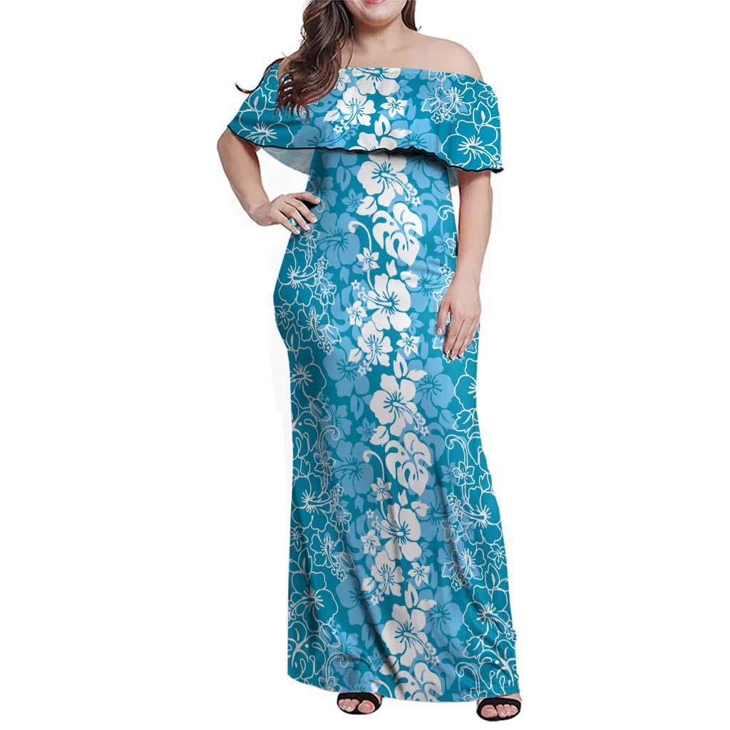 Hawaiian Lei Day Family Matching Off Shoulder Maxi Dress and Hawaiian Shirt Blue Hibiscus Flowers Lei Art