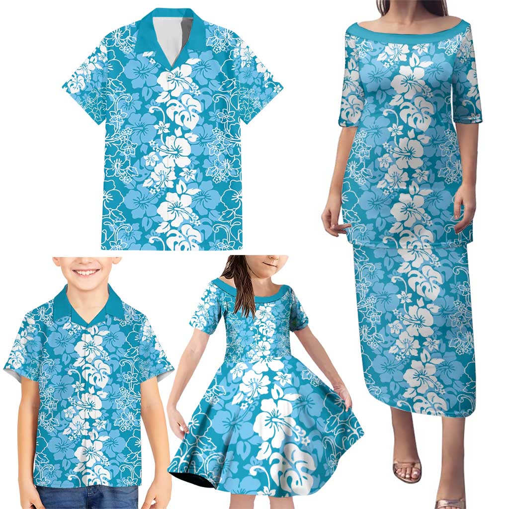Hawaiian Lei Day Family Matching Puletasi and Hawaiian Shirt Blue Hibiscus Flowers Lei Art