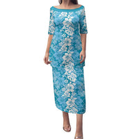 Hawaiian Lei Day Family Matching Puletasi and Hawaiian Shirt Blue Hibiscus Flowers Lei Art LT9 Mom's Dress Blue - Polynesian Pride