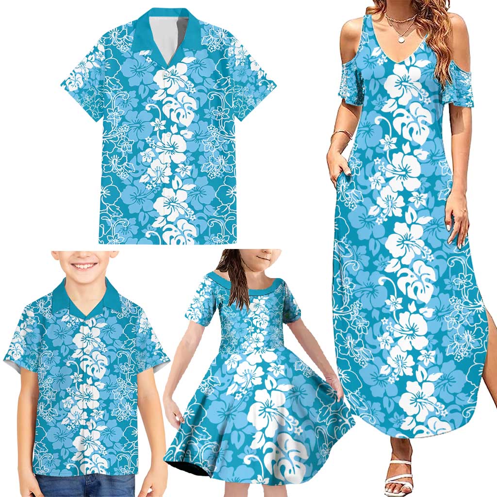 Hawaiian Lei Day Family Matching Summer Maxi Dress and Hawaiian Shirt Blue Hibiscus Flowers Lei Art
