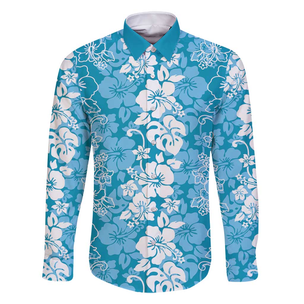 Hawaiian Lei Day Family Matching Summer Maxi Dress and Hawaiian Shirt Blue Hibiscus Flowers Lei Art LT9 Dad's Shirt - Long Sleeve Blue - Polynesian Pride