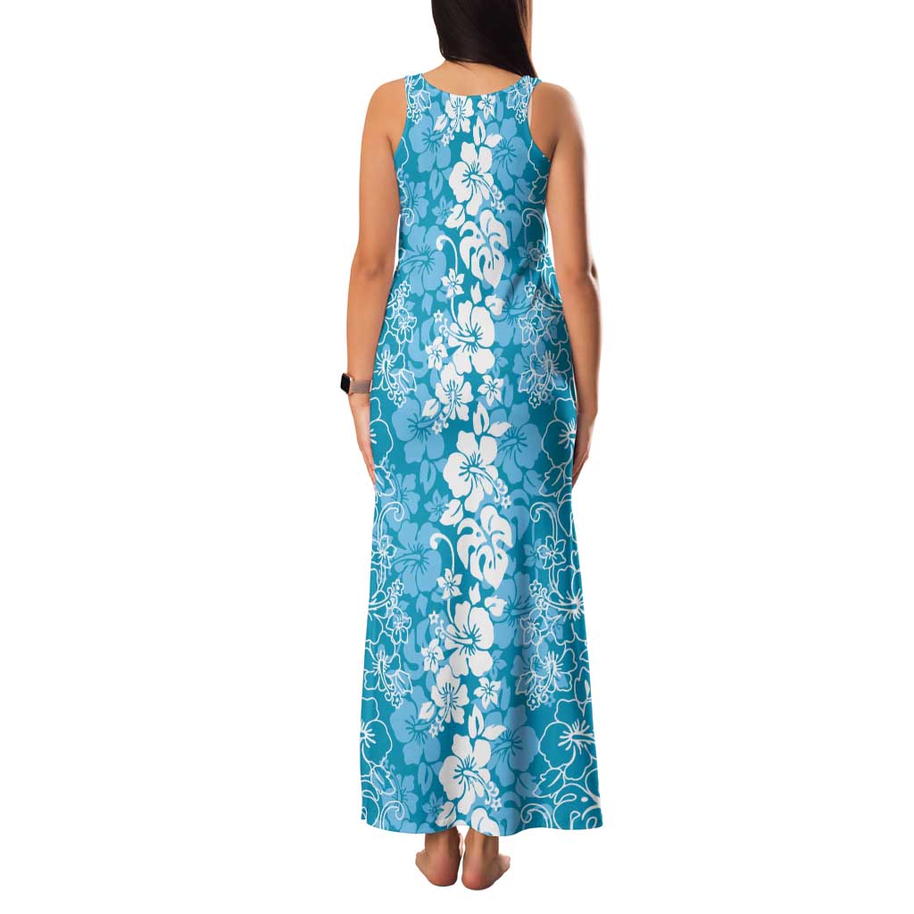 Hawaiian Lei Day Family Matching Tank Maxi Dress and Hawaiian Shirt Blue Hibiscus Flowers Lei Art