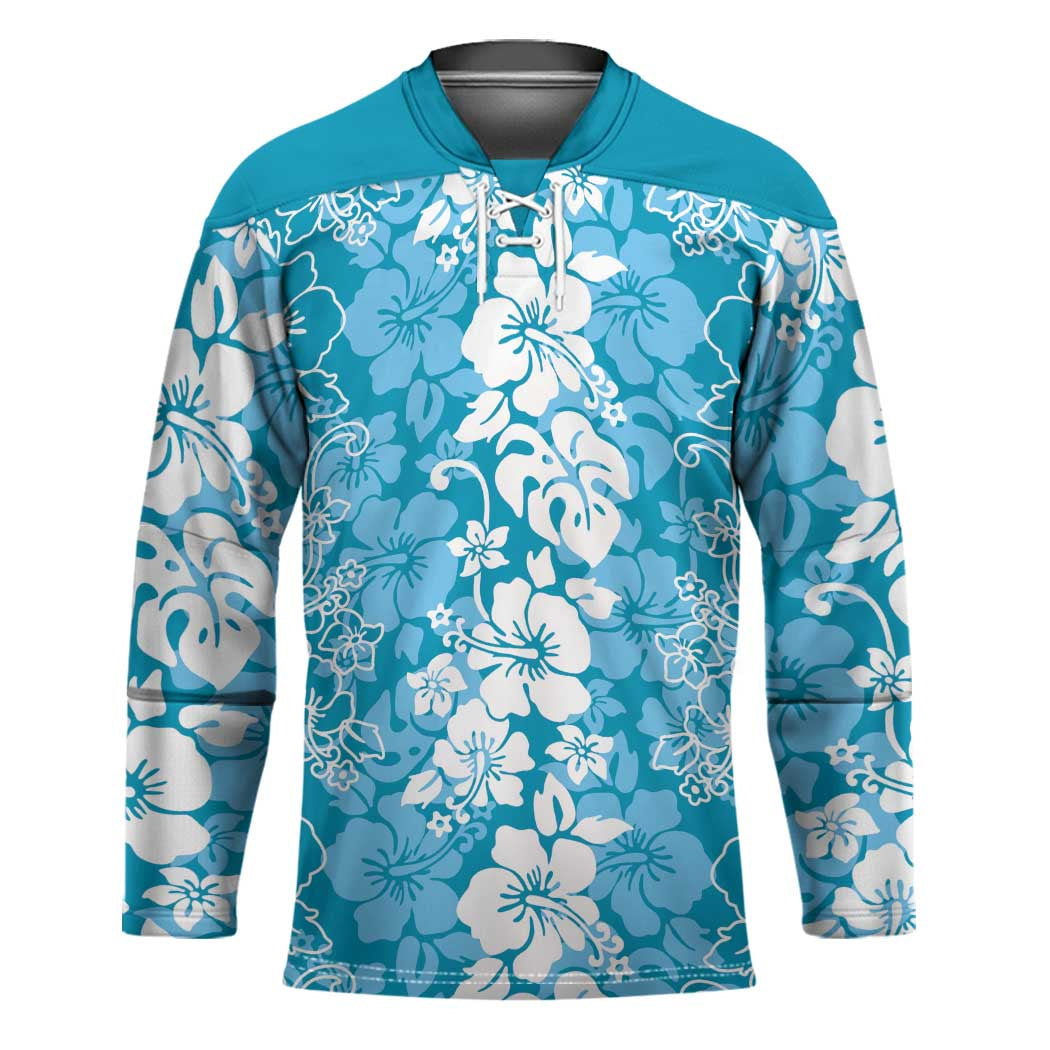 Hawaiian Lei Day Hockey Jersey Blue Hibiscus Flowers Lei Art - Polynesian Pride
