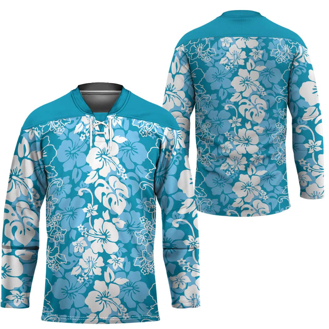 Hawaiian Lei Day Hockey Jersey Blue Hibiscus Flowers Lei Art - Polynesian Pride